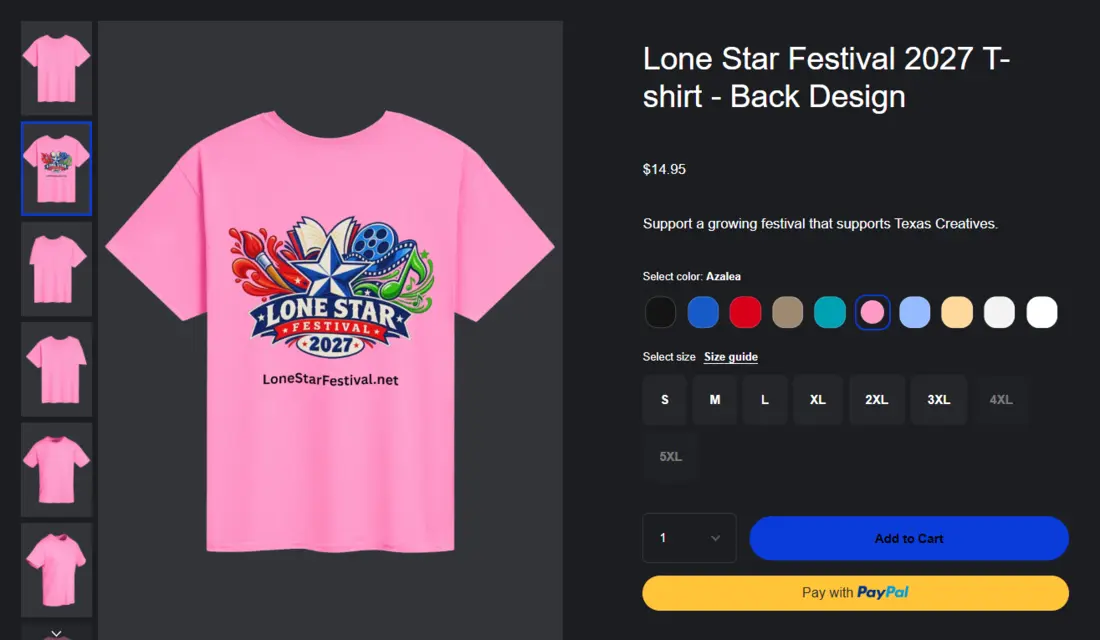 Fourthwall preview showing the Lone Star Festival 2027 artwork printed on the back of a pink T-shirt, with available color and size choices