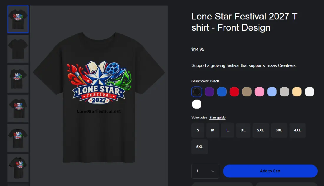 Fourthwall preview showing the Lone Star Festival 2027 artwork printed on the front of a black T-shirt, with available color and size choices