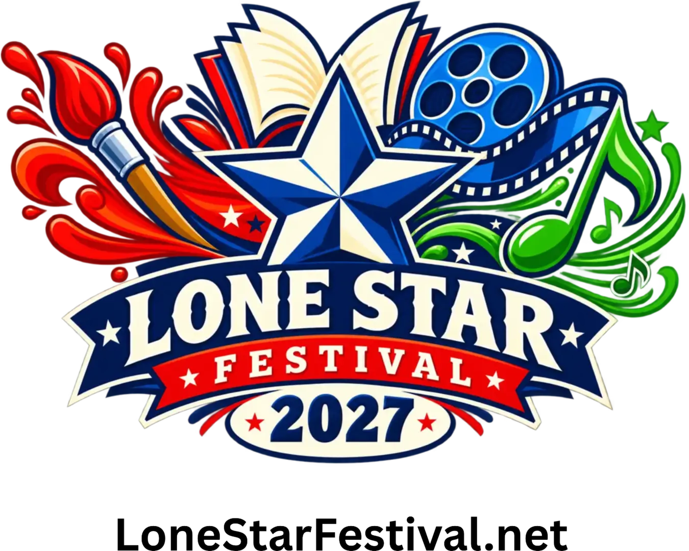 Colorful Lone Star Festival 2027 design featuring a paintbrush, open book, Texas star, film reel, and musical notes